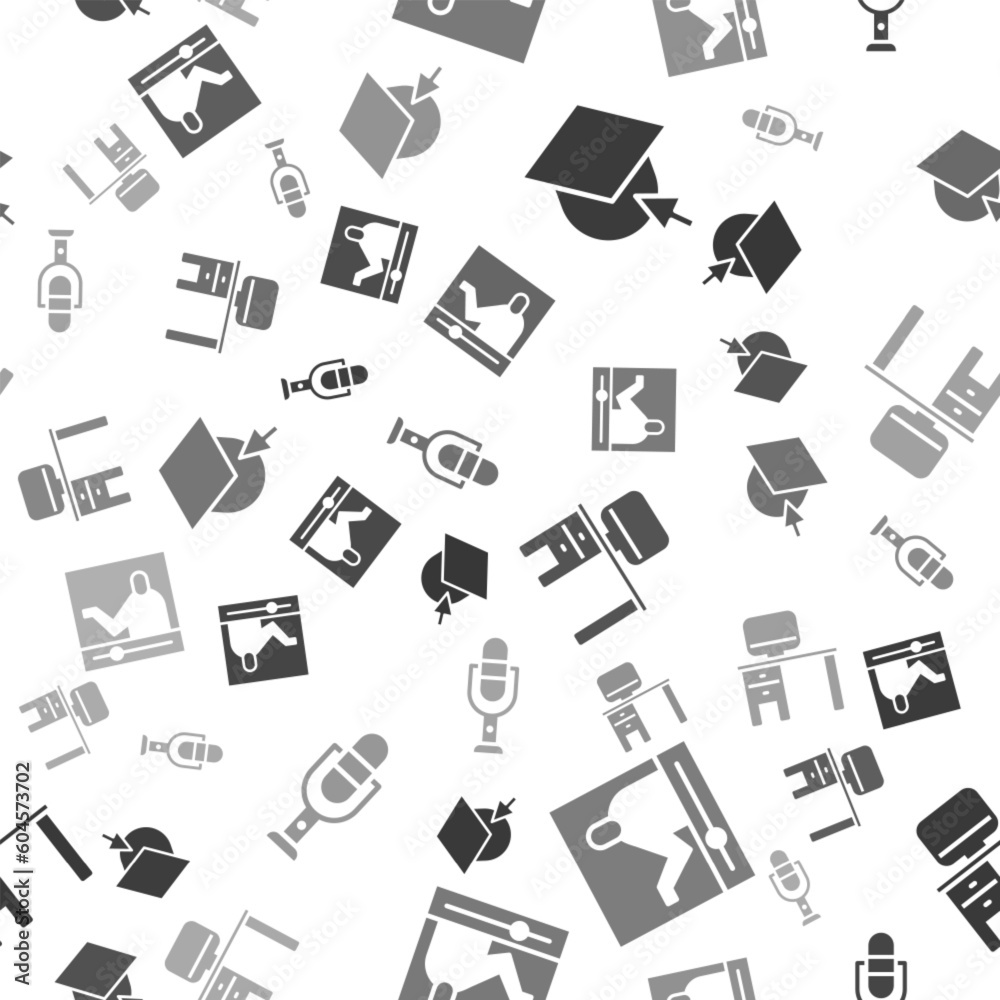 Set Graduation cap on globe, Online education, Computer monitor and desk and Microphone on seamless pattern. Vector