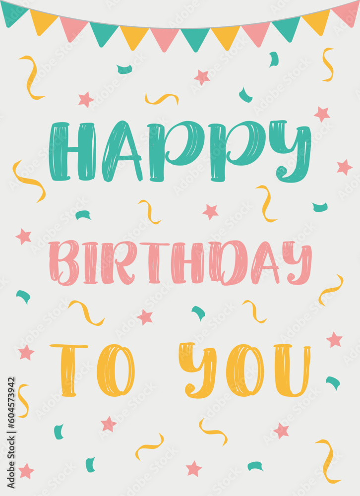 Postcard, banner, poster, background. Birthday greeting card with gift, balloon, cake, candles, candy, decoration, gift box. Vector illustration in flat design, EPS10.