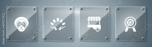 Set Target, Fast street food cart, Hand holding playing cards and Wild lion. Square glass panels. Vector