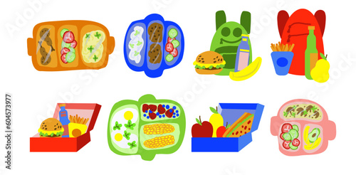 set of  6 school lunches in plastic containers and boxes. Vector illustration in children's doodle style