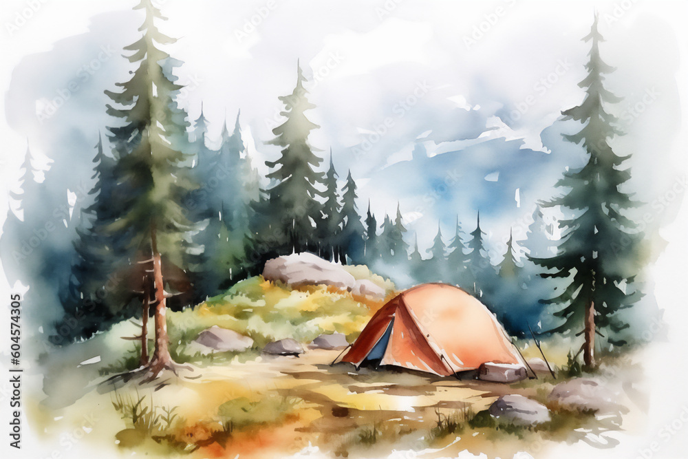 Watercolor landscape with a Camping tent reflected on a mountain lake in nature. Adventure concept. Generative AI.
