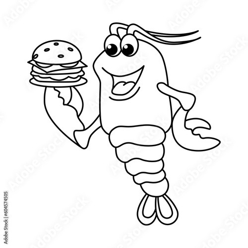 Funny shrimp chef cartoon characters vector illustration. For kids coloring book.