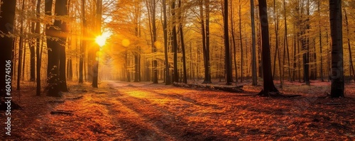 Golden autumn mood in the forest with effective sun rays. Created with Generative AI technology
