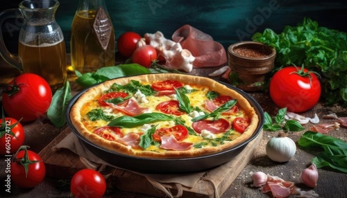 Ham, tomatoes, spinach, soft cheese quiche on rustic backdrop. (Generative AI)