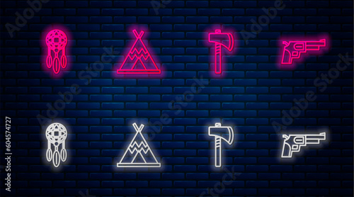Set line Indian teepee or wigwam, Tomahawk axe, Dream catcher with feathers and Revolver gun. Glowing neon icon on brick wall. Vector