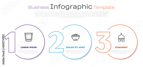 Set line Glass with water, Date fruit in bowl and Muslim Mosque. Business infographic template. Vector