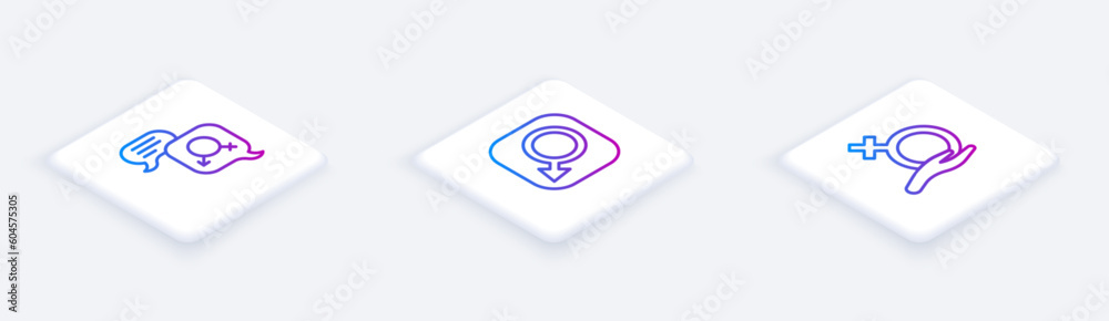 Set Isometric line Gender equality, Male gender and Female. White square button. Vector Set Isometric line Gender equality, Male gender and Female. White square button. Vector