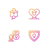 Set line Gender shield, Female, Microphone, Work for female and . Gradient color icons. Vector