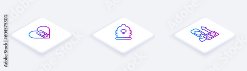 Set Isometric line Heart with female, Condom and Money growth woman. White square button. Vector