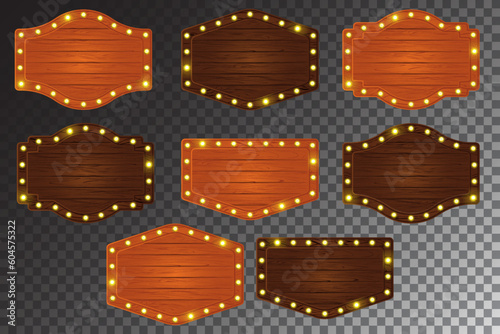 Retro rustic wooden sign board with bulb light cartoon vector set. Isolated wood texture panel frame for banner ui interface design. Marquee menu with flare illustration and maple or oak label.