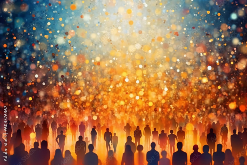 people silhouette with colorful bokeh lights background with stars and