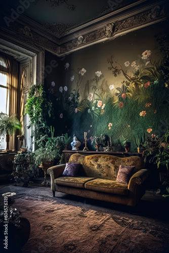 Generative AI illustration of Luxurious Rococo style dining room filled with green plants and artwork with antique furniture