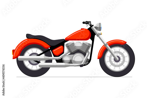 Retro classic motorbike. Vintage motorcycle side view. Detailed red motor bicycle chopper vector eps illustration. Traditional road transport isolated on white background
