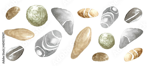 Rest by the sea. A set of marine shore stones in round, oval and irregular shapes in gray, green and striped in different sizes. Watercolor illustration by hand on a white background.