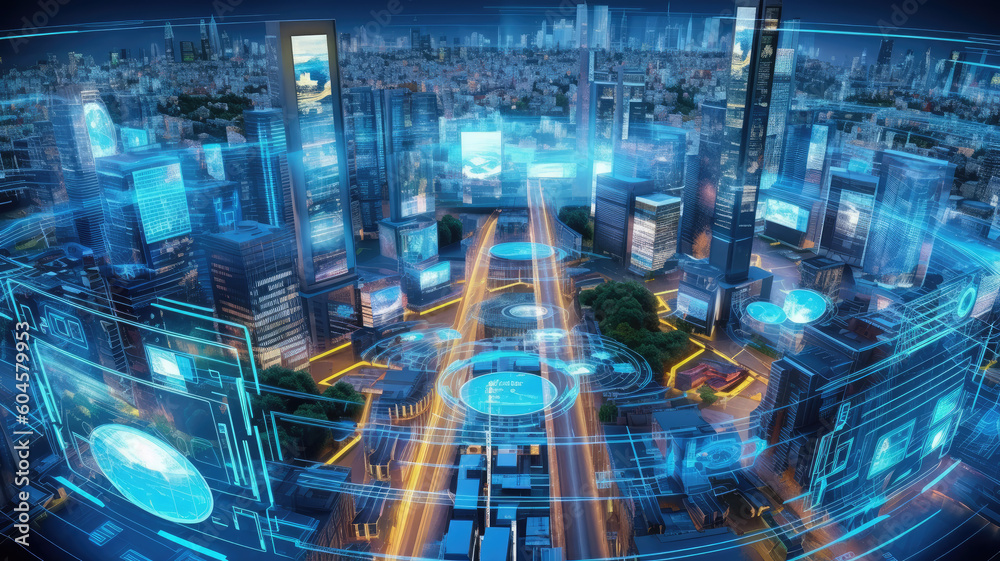 Smart city dot point connect with gradient grid line, connection technology metaverse concept. Night city banner with big data.