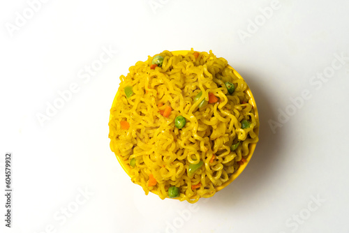 Bowl of instant noodles on white background 