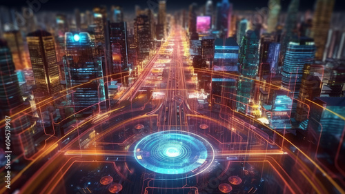 Smart city dot point connect with gradient grid line  connection technology metaverse concept. Night city banner with big data.