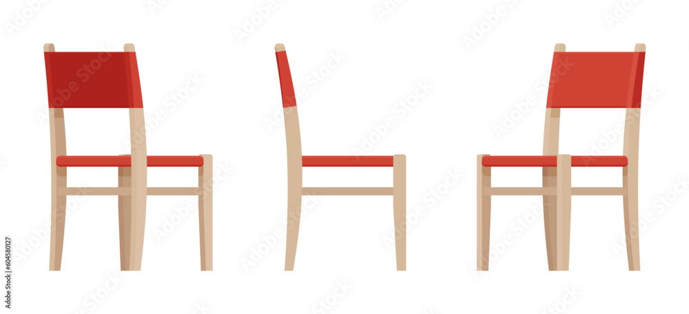 Wood dining chair, upholstered furniture set, natural brown, red. Fabric seat, backrest for cafe, restaurant classic modern interior. Vector flat style cartoon home, office isolated, white background