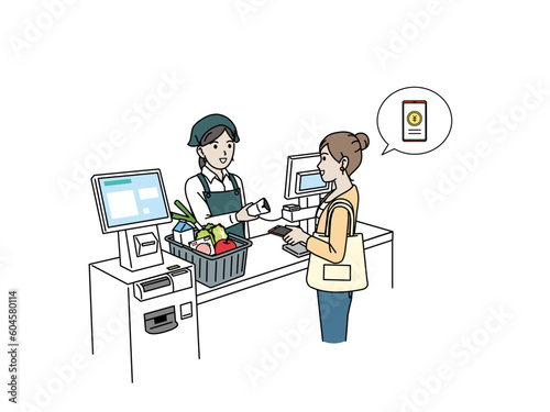 スーパー買い物をする女性　スマホ決済