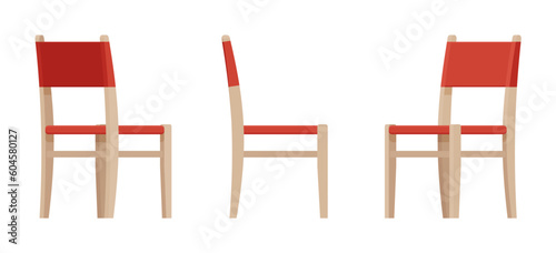 Wood dining chair, upholstered furniture set, natural brown, red. Fabric seat, backrest for cafe, restaurant classic modern interior. Vector flat style cartoon home, office isolated, white background