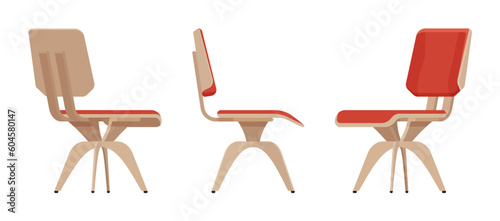 Solid wood swivel chair furniture set in natural brown, red. Computer, study or leisure room, balcony, bar, coffee shop interior. Vector flat style cartoon home, office isolated on white background