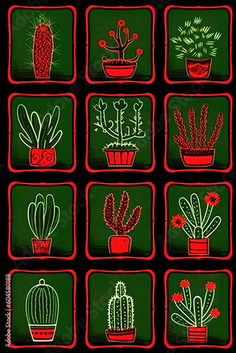 A set of cacti symbols. Illustration of cacti, green and red colors. 