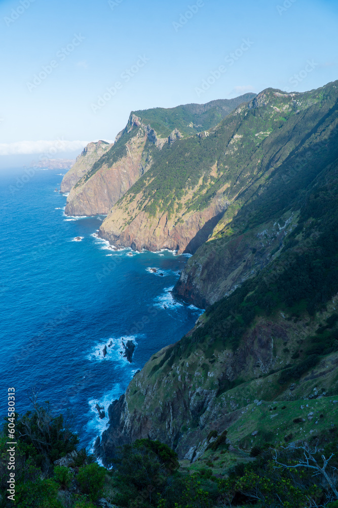 Levada trail Vereda do Larano on the cliff near Porto da Cruz on the island of Madeira