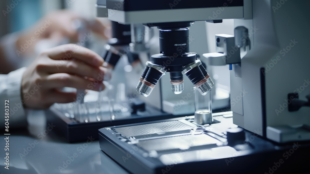 Scientist using microscope in laboratory, making medical testing and research, close-up Scientist using microscope in laboratory, making medical testing and research, close-up