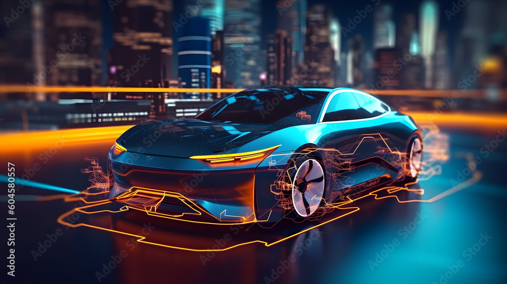 EV electric car system.futuristic car in night with morden light smart city. EV electric car system.futuristic car in night with morden light smart city.