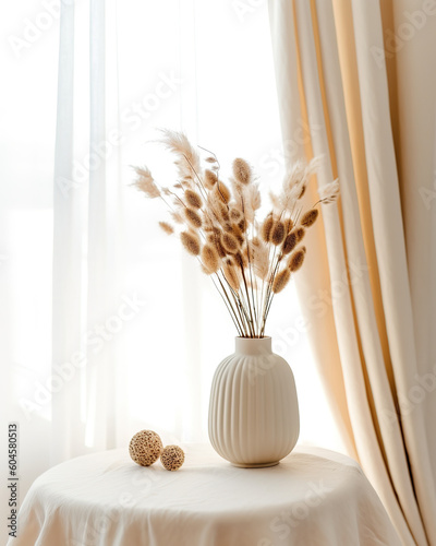 Glamour shot of a cream white vase containing dried flowers, on a white table in front of a white background with soft white curtains nearby. Japandi style. 