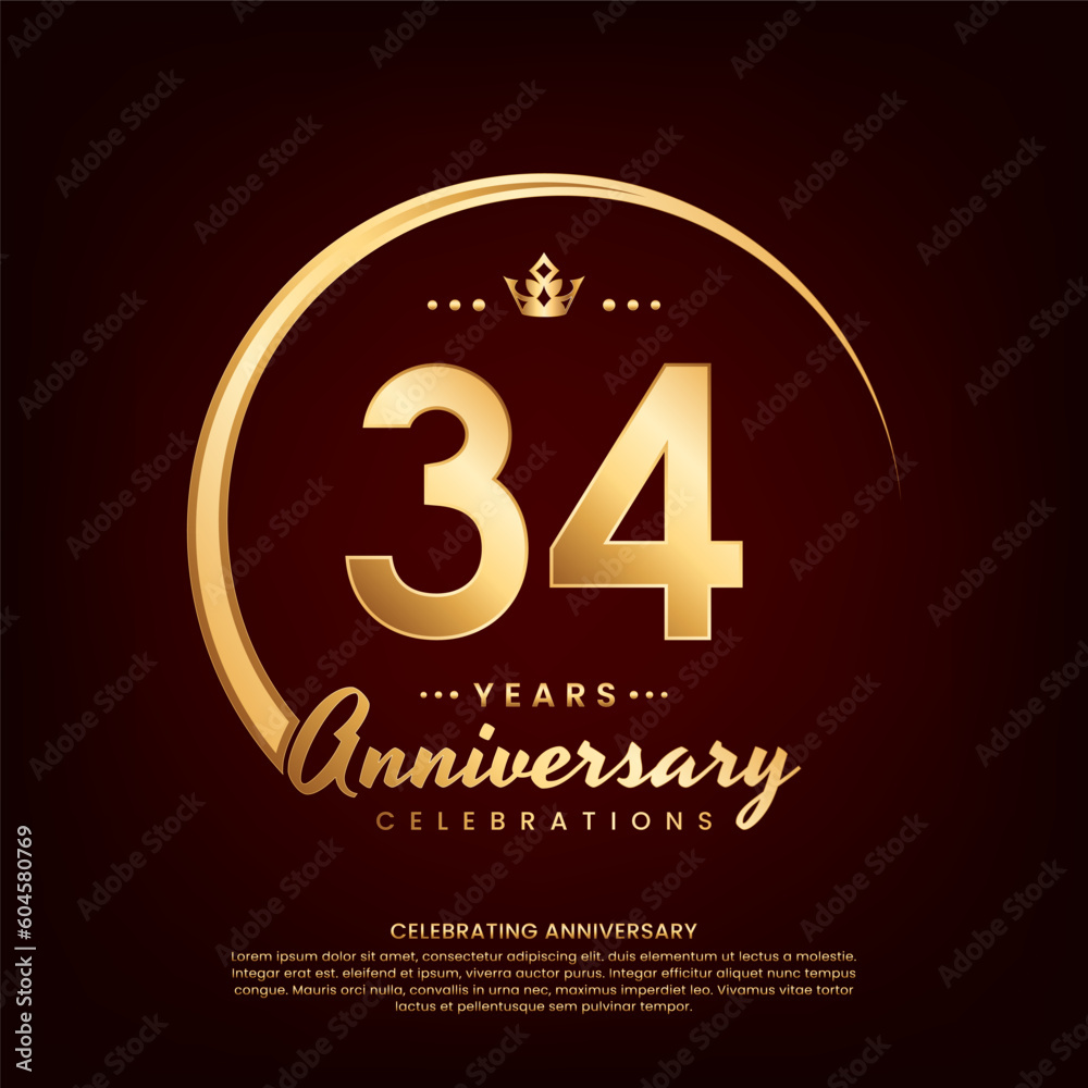 34 year anniversary template design with golden number and ring for birthday celebration event, invitation, banner poster, flyer, and greeting card, vector template