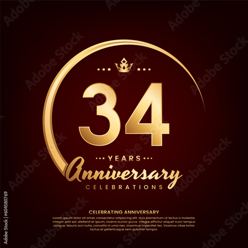 34 year anniversary template design with golden number and ring for birthday celebration event, invitation, banner poster, flyer, and greeting card, vector template