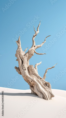 Minimalistic Photography, close on a hyper - detailed twisted bleached driftwood dead tree on desert plateau with a cracked ground, cracked earth