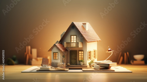 house model on money coins saving for concept investment mortgage fund finance and home loan refinance photo