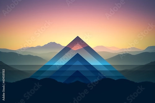 Abstract blue layered mountain with glowing triangular neon light Generative Ai