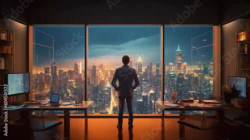 Back view of businessman in suit standing at office looking at night city through panoramic window.