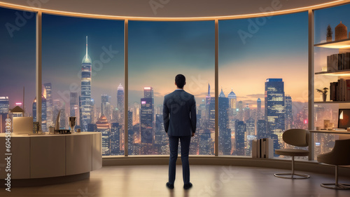 Back view of businessman in suit standing at office looking at night city through panoramic window.