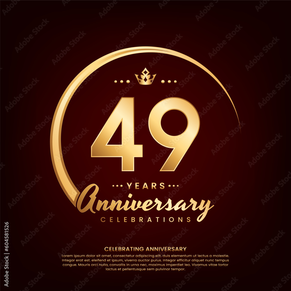 49 year anniversary template design with golden number and ring for birthday celebration event, invitation, banner poster, flyer, and greeting card, vector template 49 year anniversary template design with golden number and ring for birthday celebration event, invitation, banner poster, flyer, and greeting card, vector template