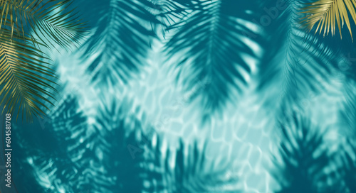 Summer tropical background. Swimming pool with tropical leaf shadow. Generative ai