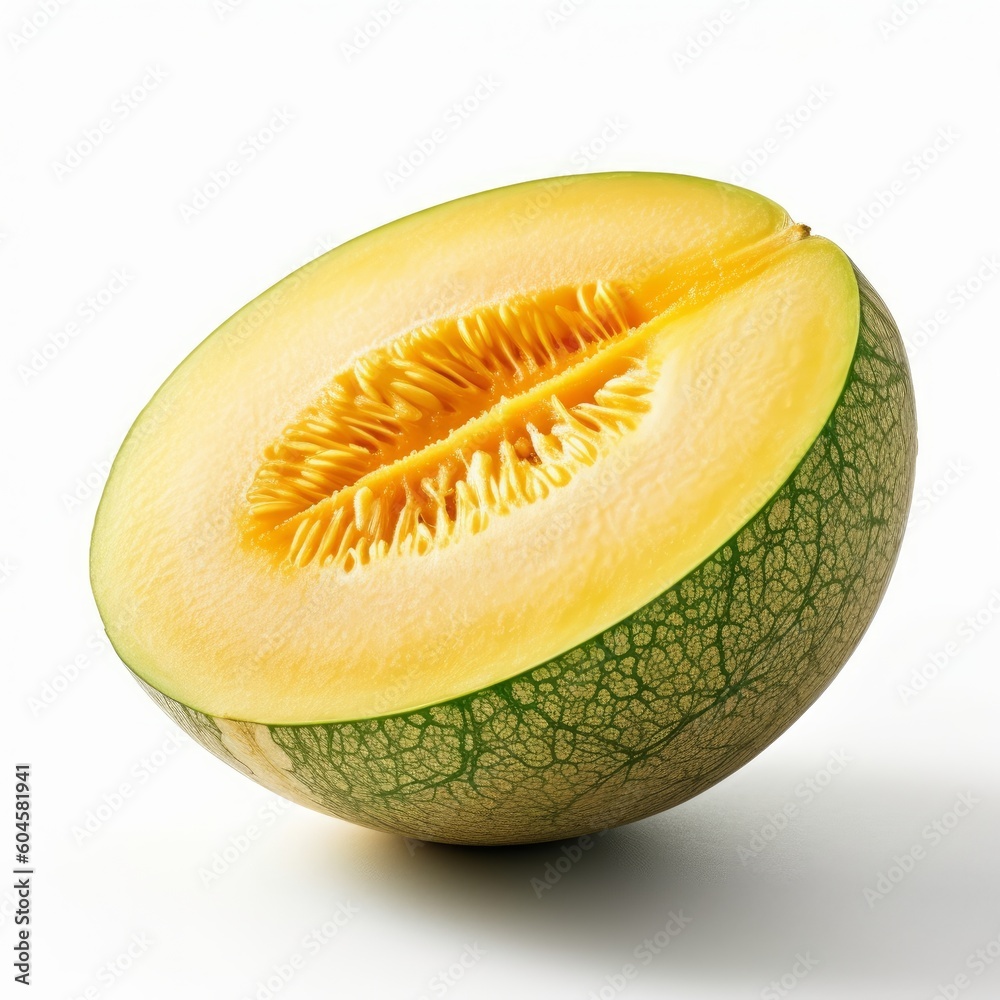 A delicious fresh sliced melon isolated on white background. Fresh raw organic fruit. Generative AI. A delicious fresh sliced melon isolated on white background. Fresh raw organic fruit. Generative AI.