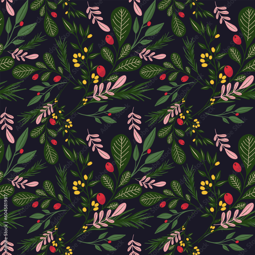 Fototapeta premium hand drawn christmas element and leaves, foliage pattern. 