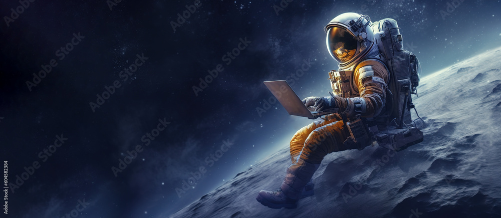 Astronaut in space with a laptop. Banner, copy space. AI generation - obrazy, fototapety, plakaty 