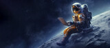 Astronaut in space with a laptop. Banner, copy space. AI generation