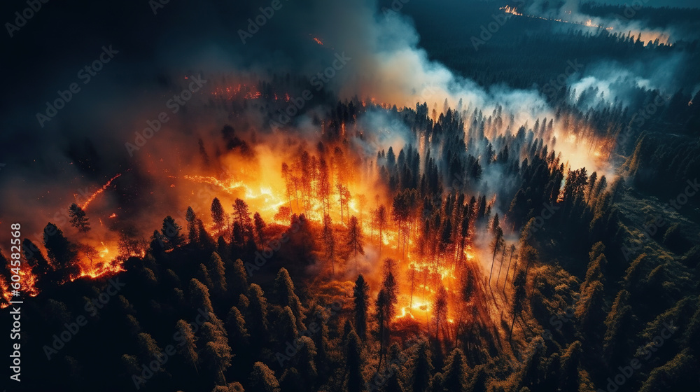 Fire in the forest, aerial view. AI