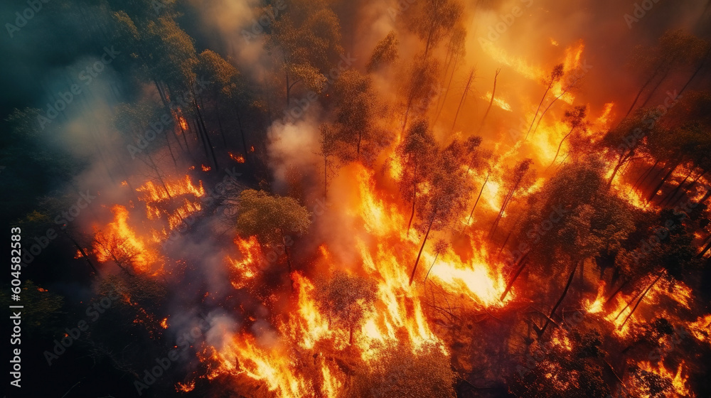 Fire in the forest, aerial view. AI