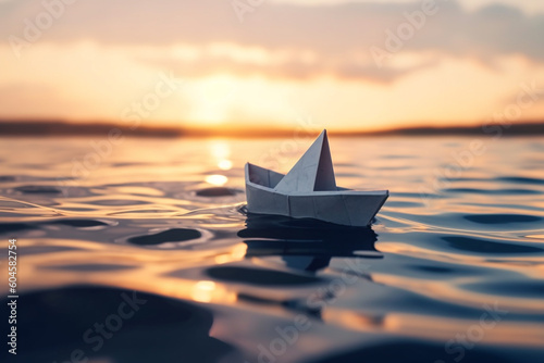 Close up of paper boat in the sea Generative Ai