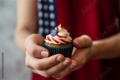 Fourth of july celebration. hand holding sweet cupcake with cream, flag background. AI generated content
