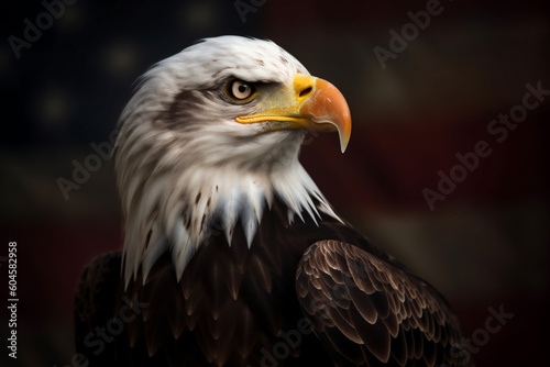 North American Eagle on American flag. AI generated content