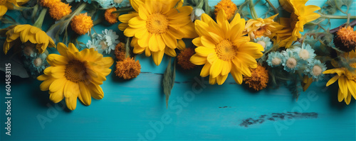 Floral summer spring background banner. Yellow flowers close-up on a blue green background. AI generated content
