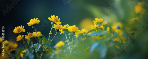 Floral summer spring background banner. Yellow flowers close-up in a field on nature on a dark blue green background. AI generated content